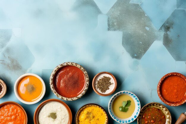 colorful-bowls-with-various-sauces-blue-background-top-view_810275-4179